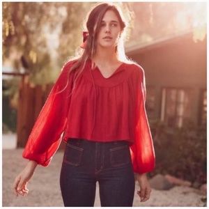 Christy Dawn Sophie Red Peasant Blouse Top Cropped Balloon Sleeve Tie Neck